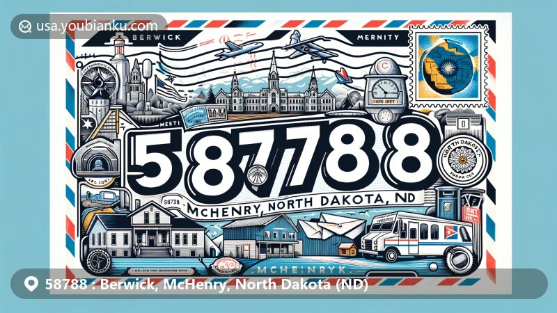 Modern illustration of Berwick, McHenry, North Dakota, featuring local landmarks, state symbols, and postal elements like stamps, postmark, mailbox, and postal van.