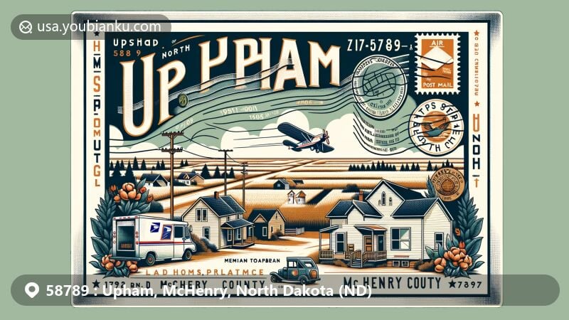 Modern illustration of Upham, McHenry County, North Dakota, showcasing postal theme with ZIP code 58789, featuring North Dakota state flag, McHenry County map outline, Upham landmarks, postage stamp, postmark, and classic mailbox.