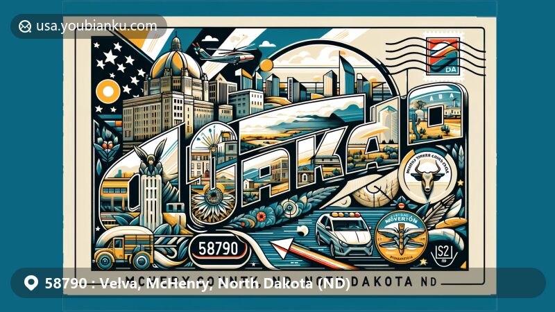 Modern illustration of Velva, McHenry County, North Dakota, showcasing postal theme with ZIP code 58790, featuring local landmarks, cultural symbols, and state elements.
