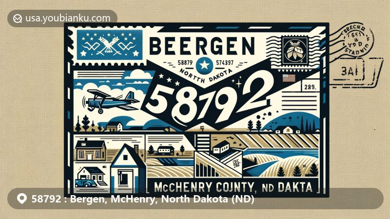 Modern illustration of Bergen, McHenry County, North Dakota, designed as an airmail envelope with ZIP code 58792, featuring North Dakota map outline, postal elements, and regional landscapes.