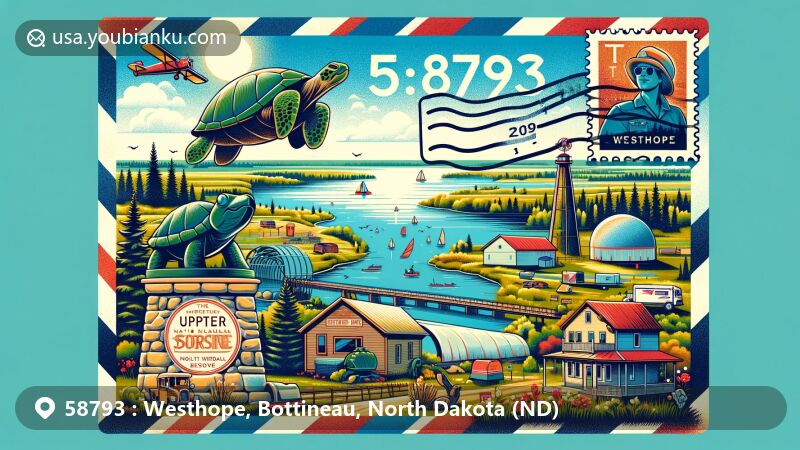 Modern illustration of Westhope, North Dakota, inspired by ZIP code 58793, featuring Lake Metigoshe, Tommy Turtle Statue, and Upper Souris National Wildlife Refuge.