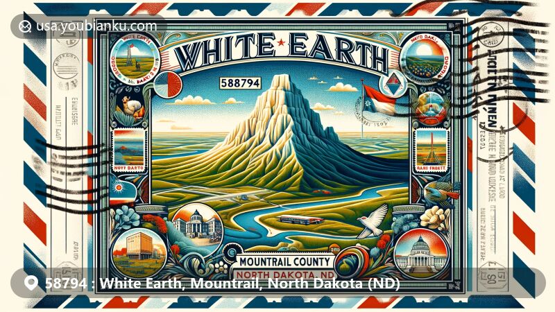 Vibrant illustration of White Earth, Mountrail County, North Dakota (ND), featuring a detailed postage stamp with Big Butte, local landmarks, wildlife, and cultural symbols, set against a backdrop of North Dakota's natural beauty.