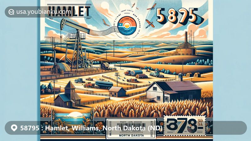Modern illustration of Hamlet area in Williams County, North Dakota, styled as a postcard with ZIP code 58795, featuring landscape with rolling hills, Fort Union Trading Post, oil derricks, and wheat fields.