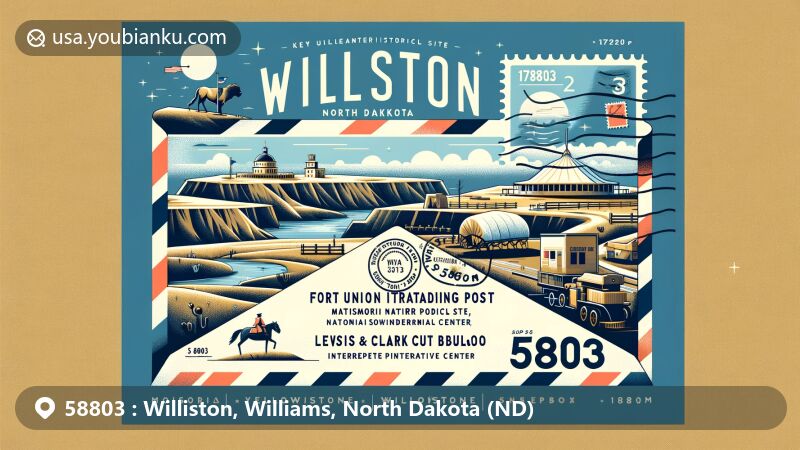 Modern illustration of Williston, Williams, North Dakota, showcasing postal theme with ZIP code 58803, featuring Fort Union Trading Post, Yellowstone Confluence Center, Williston Basin Speedway, and Lewis & Clark Cut Bluff Overlook.
