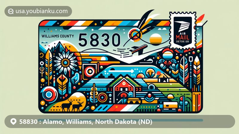 Modern illustration of Alamo, Williams County, North Dakota, in the style of an air mail envelope, showcasing ZIP code 58830, with Williams County outline, rural landscape, agricultural elements, and Native American cultural symbols.