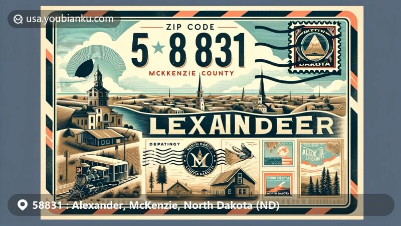 Vintage-style airmail envelope illustration for ZIP Code 58831, Alexander, McKenzie County, North Dakota, featuring prominent postage stamp and iconic North Dakota symbols.