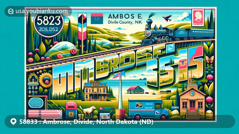 Modern illustration of Ambrose, Divide County, North Dakota, highlighting postal theme with ZIP code 58833, showcasing Soo Railway history and North Dakota's natural beauty.