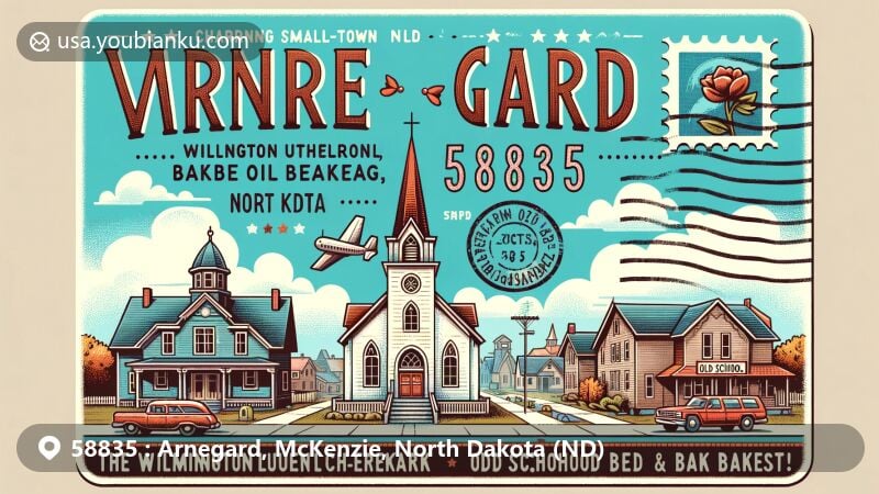 Modern illustration of Arnegard, McKenzie County, North Dakota, capturing the charm of a small town in the Bakken oil field, featuring Wilmington Lutheran Church and the Arnegard School, now 'Old School Bed & Breakfast', with postal elements and ZIP code 58835.