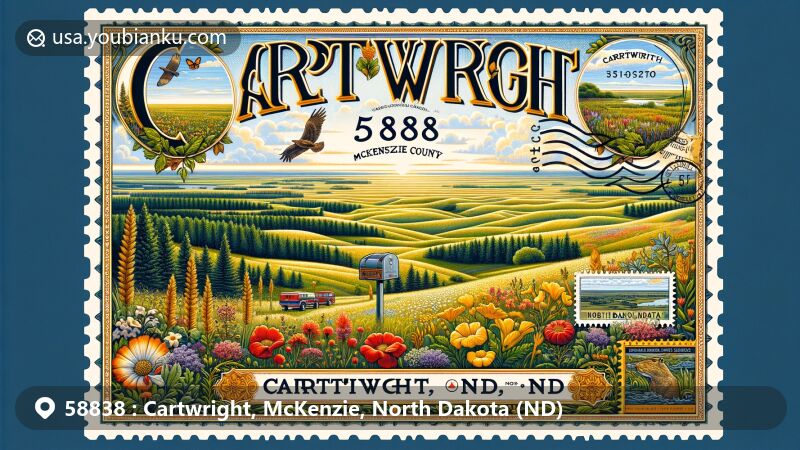 Modern illustration of Cartwright, McKenzie County, North Dakota, showcasing natural beauty with prairies, hills, forests, and seasonal wildflowers, overlooking the Missouri River and clear sky, featuring '58838' and 'Cartwright, ND' in elegant font.