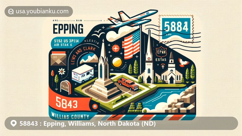 Modern illustration of Epping, Williams County, North Dakota, highlighting postal theme with ZIP code 58843, featuring landmarks like Lewis and Clark State Park and Epping Lutheran Church, with artful integration of North Dakota state flag.