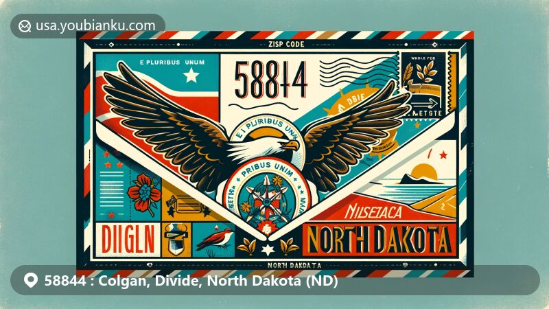 Modern illustration of Colgan area, Divide County, North Dakota, showcasing postal theme with ZIP code 58844, featuring state symbols like the North Dakota state flag, wild prairie rose, Western Meadowlark, and American elm tree.