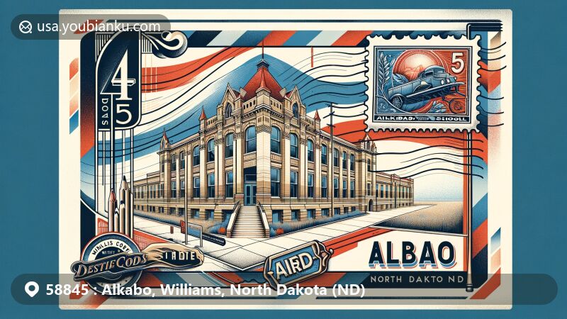 Modern illustration of Alkabo, Williams County, North Dakota, showcasing airmail envelope with postage stamp of Alkabo School, iconic National Register historic building, in a vibrant color scheme with postal elements reflecting heritage.