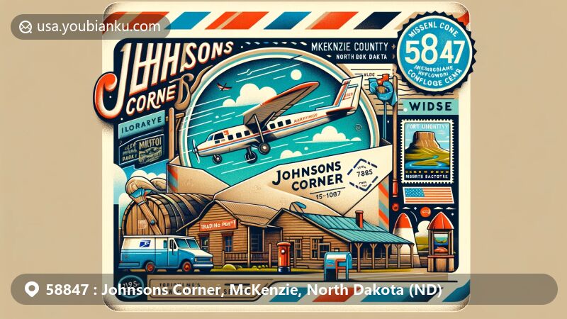 Modern illustration of Johnsons Corner, McKenzie County, North Dakota, showcasing postal theme with ZIP code 58847, featuring Fort Union Trading Post, McKenzie County Heritage Park, Missouri-Yellowstone Confluence Center.