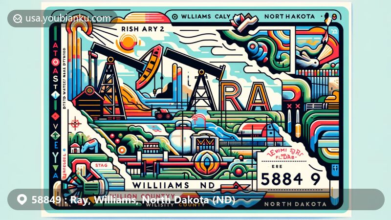 Modern illustration of Ray, Williams County, North Dakota, featuring postal theme with ZIP code 58849, showcasing Williston Basin, oil wells, and Missouri River flood.