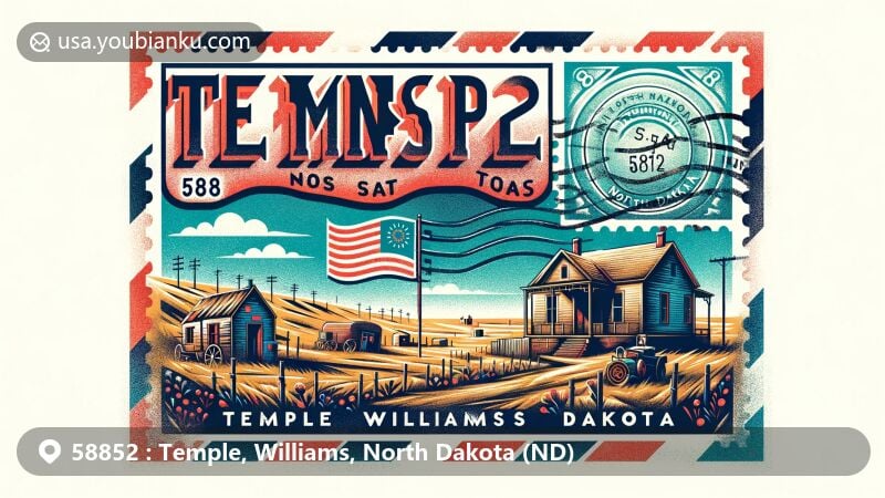 Modern wide-format illustration of Temple, Williams County, North Dakota, showcasing vintage airmail envelope with a postage stamp and postmark, featuring ghost town theme with schoolhouse, church, and farms, integrated with North Dakota state flag.