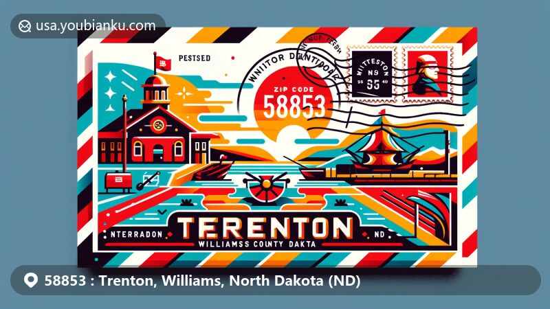 Creative airmail envelope illustration of Trenton, Williams County, North Dakota, with ZIP code 58853, featuring elements like postage stamp, postal mark, Fort Union Trading Post, and North Dakota state flag.