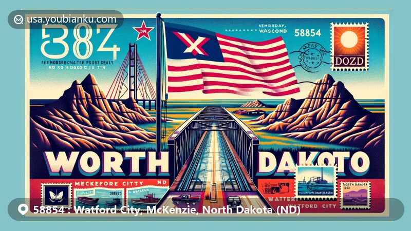 Modern illustration of Watford City, McKenzie County, North Dakota, showcasing postal theme with ZIP code 58854, featuring iconic Long X Bridge, picturesque Badlands, and North Dakota state flag.