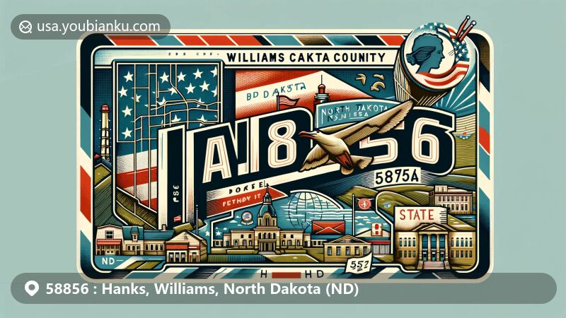 Modern illustration of Hanks, Williams County, North Dakota, highlighting postal theme with ZIP code 58856, featuring local landmarks and North Dakota state flag.