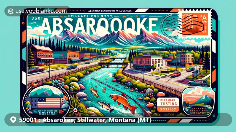 Modern illustration of Absarokee, Stillwater County, Montana, designed as a postcard or airmail envelope, highlighting ZIP code 59001, featuring Absaroka-Beartooth Wilderness, Stillwater River, Beartooth Mountains, and downtown area.