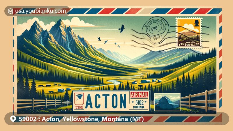 Modern illustration of Acton, Yellowstone, Montana (MT), featuring vintage postage stamp with picturesque landscape depicting mountains, forests, creeks, and hiking trails. Envelope background symbolizes Montana's farming and ranching community.