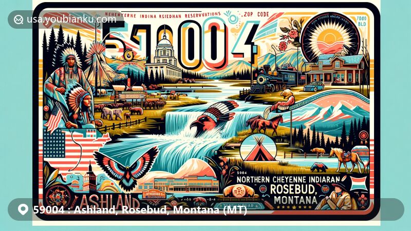 Vibrant illustration of Ashland, Rosebud, Montana, capturing cultural essence with Cheyenne Indian Museum, Ten Bears Gallery, and Ashland Powwow. Includes Northern Cheyenne Indian Reservation's boundaries, Tongue River, and Custer Gallatin National Forest scenery.