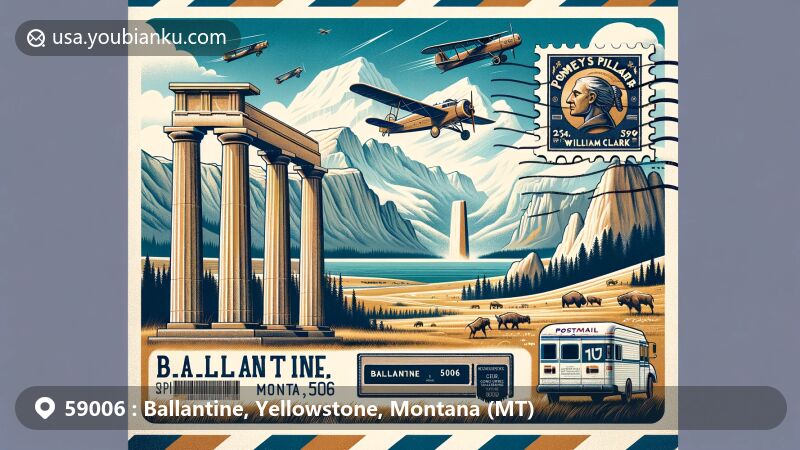 Vintage-style illustration of Ballantine, Montana, with Rocky Mountains backdrop, showcasing airmail envelope with ZIP Code 59006, featuring Pompeys Pillar and William Clark's signature.