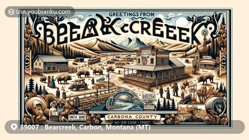 Modern illustration of Bearcreek, Carbon, Montana, showcasing the iconic Bearcreek Saloon with pig races, town's diverse ethnic composition, and Smith Mine Disaster Historical Marker, set against Montana's rugged landscape and vintage postcard border.