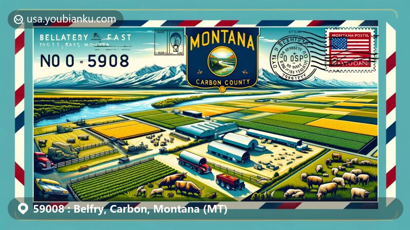 Modern illustration of Belfry, Carbon County, Montana, showcasing postal theme with ZIP code 59008, featuring agricultural landscape, Clarks Fork of the Yellowstone River, and Montana state flag.
