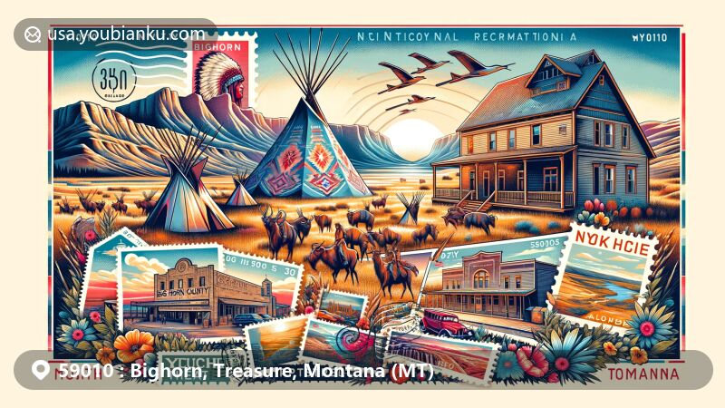 Modern illustration of Bighorn and Treasure counties in Montana, ZIP code 59010, featuring Bighorn Canyon, Big Horn County Historical Museum, Crow Fair, Yucca Theatre, and postal elements.