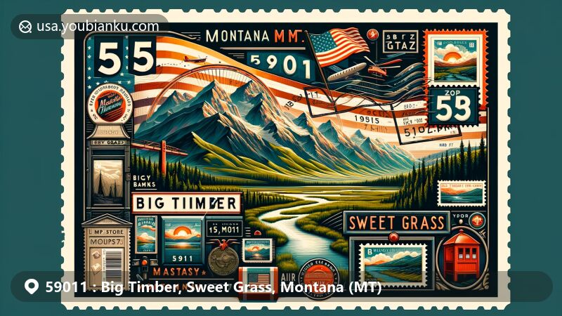 Modern representation of Big Timber and Sweet Grass in Montana, ZIP Code 59011, featuring landmarks like Crazy Mountains and Big Timber Creek in vibrant style with state flag subtly integrated.