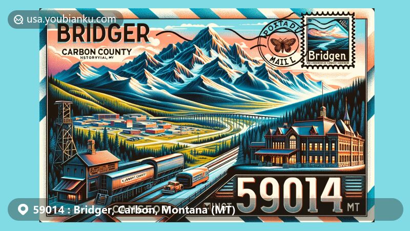 Vintage-style illustration of Bridger, Carbon County, Montana, featuring air mail envelope with Beartooth Highway stamp, postal cancellation mark, and iconic elements of the region.