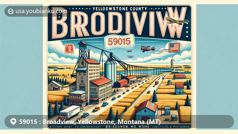 Creative illustration of Broadview, Yellowstone County, Montana, resembling a vintage postcard with ZIP code 59015, showcasing prairie landscapes, Yellowstone River, and grain elevators.