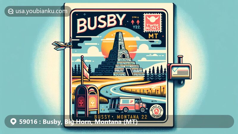 Vivid illustration of Busby, Montana, resembling a postcard with Chief Two Moons Monument and US Highway 212, highlighting area's postal theme with '59016' and 'Busby, MT,' featuring stylized postal stamp, mailbox, and postal truck.