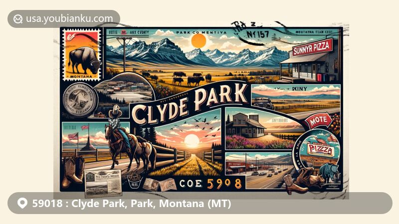 Modern illustration of Clyde Park, Park County, Montana, showcasing the beauty of Crazy Mountains and Bridger Range, with vintage postcard featuring local ranch life, Sunnyside Pizza, and Montana state flag, emphasizing ZIP code 59018.