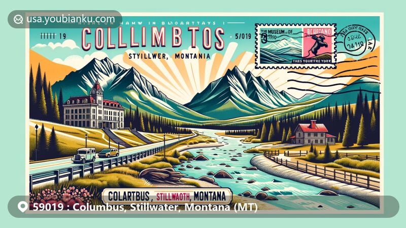 Modern illustration of Columbus, Stillwater County, Montana, highlighting Beartooth Mountains and Yellowstone River, with Museum of the Beartooths and Beartooth Highway elements, featuring vintage postcard layout and postal charm with ZIP code 59019.