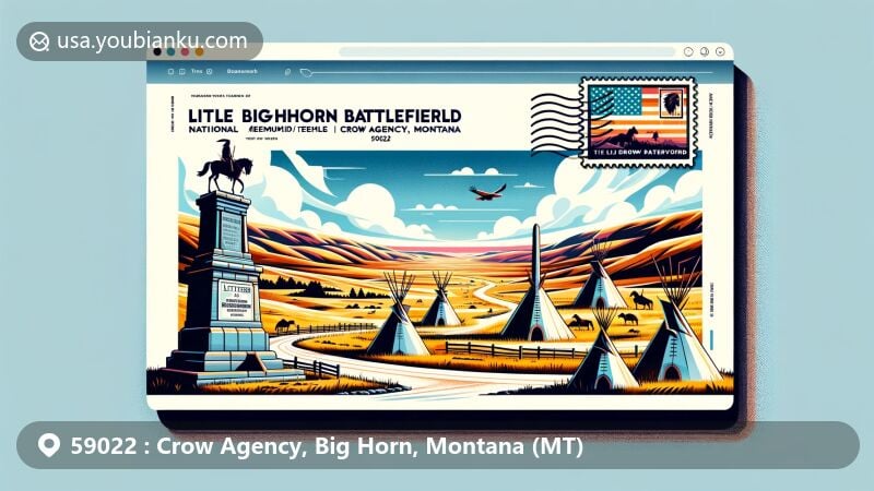 Modern illustration of Little Bighorn Battlefield National Monument and Crow Indian Reservation, ZIP code 59022, showcasing battlefield monument, Montana landscapes, teepees, vintage stamp, postmark, and postal theme.