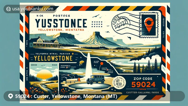 Modern illustration of Custer, Yellowstone, Montana, highlighting postal theme with ZIP code 59024, featuring map marker for Custer, image representing Custer Battlefield Museum, geothermal features of Yellowstone National Park, and natural landscape of Custer-Gallatin National Forest.