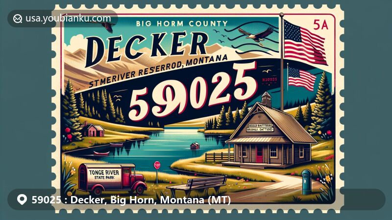 Modern illustration of Decker, Big Horn, Montana, showcasing postal theme with ZIP code 59025, featuring Tongue River Reservoir State Park and Rosebud Battlefield State Park.