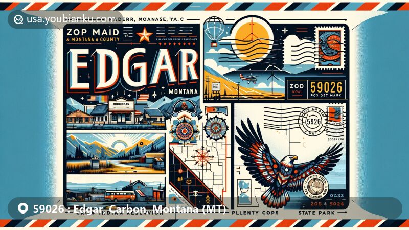 Modern illustration of Edgar, Carbon County, Montana, featuring air mail envelope postcard theme with Montana state flag, stylized map outline of Carbon County, Crow Indian Reservation and Plenty Coups State Park cultural elements, postal components and ZIP code 59026.