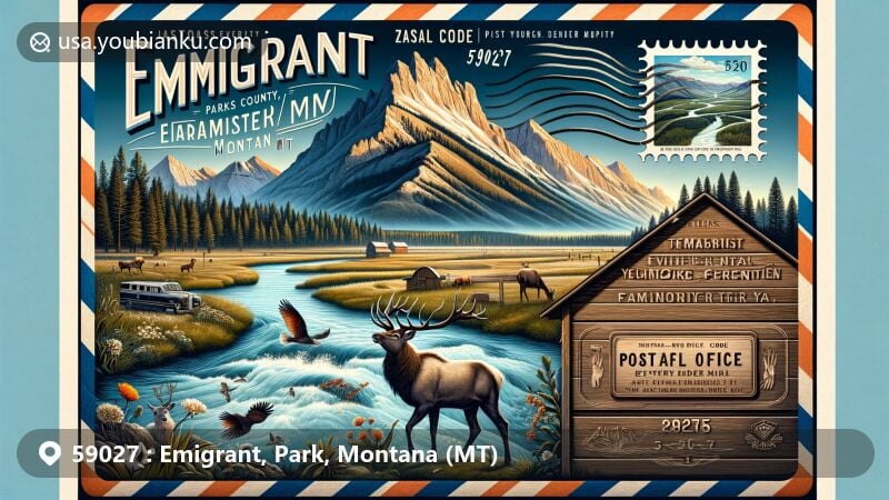 Modern illustration of Emigrant, Park County, Montana, showcasing airmail envelope with postal theme for ZIP code 59027, including Emigrant Peak, Yellowstone River, local wildlife, and Paradise Valley backdrop.