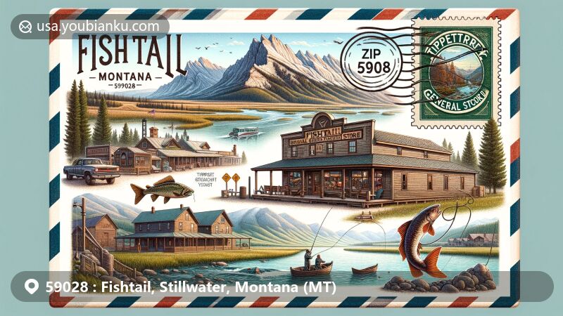 Creative postcard design showcasing Fishtail, Montana with postal code 59028, featuring Beartooth Mountains, Fishtail General Store, Tippet Rise Art Center sculptures, fishing scene at Rosebud Isle, vintage airmail envelope with Montana flag stamp, postmark, and ZIP code.