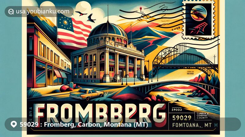 Creative postcard-style illustration of ZIP code 59029 for Fromberg, Carbon County, Montana, featuring Fromberg Opera House, Fromberg Concrete Arch Bridge, stylized map of Montana, and Montana state flag.