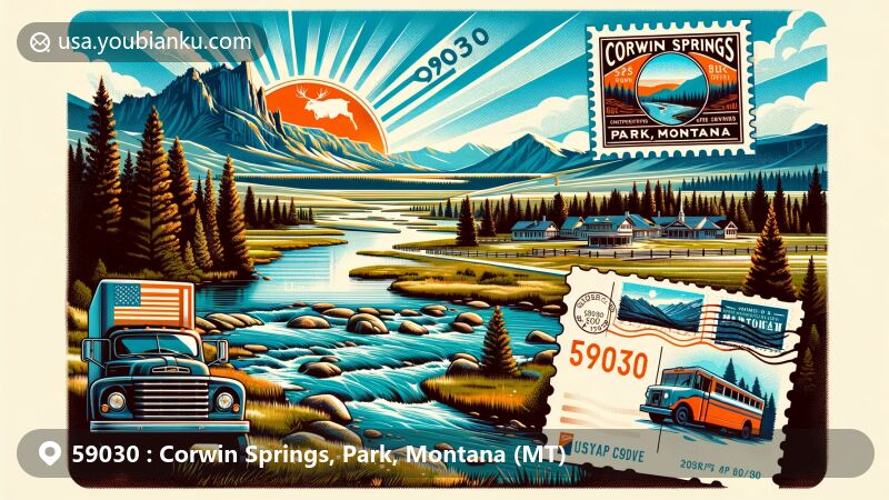 Modern illustration of Corwin Springs, Park, Montana, featuring the Yellowstone River and Montana mountains, with a vintage postal envelope and themed postage stamp.
