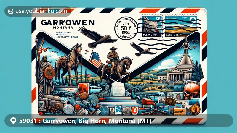 Modern illustration of Garryowen, Montana, featuring postal theme with ZIP code 59031, showcasing Custer Battlefield Museum, Tomb of the Unknown Soldier, and Peace Memorial with bronze sculptures of Sitting Bull and General George Armstrong Custer.