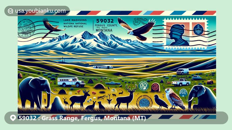 Modern illustration of Grass Range, Fergus County, Montana, inspired by ZIP code 59032, featuring open grasslands, Snowy Mountains foothills, Lake Mason Wildlife Refuge, War Horse Wildlife Refuge, Burrowing Owl, and Bear Gulch Pictographs.