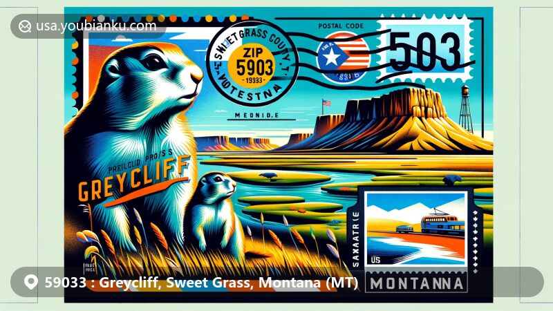 Modern illustration of Greycliff, Sweet Grass County, Montana, showcasing postal theme with ZIP code 59033, featuring Greycliff's black-tailed prairie dogs, scenic Greycliffs, and Yellowstone River.