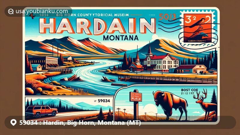 Modern illustration of Hardin, Montana, highlighting Big Horn County Historical Museum and Bighorn River, with postal elements like stamp, postmark, and ZIP Code 59034.