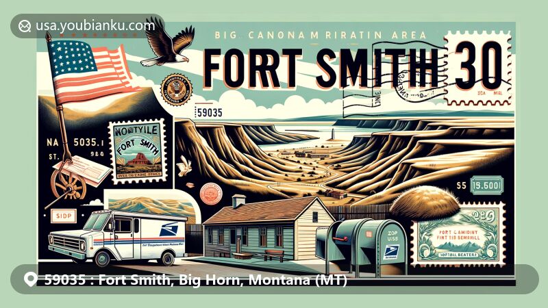 Modern illustration of Fort Smith, Montana, featuring Fort C.F. Smith and Bighorn Canyon National Recreation Area, with postal theme including ZIP code 59035, postcard frame, mailbox, and postal van.