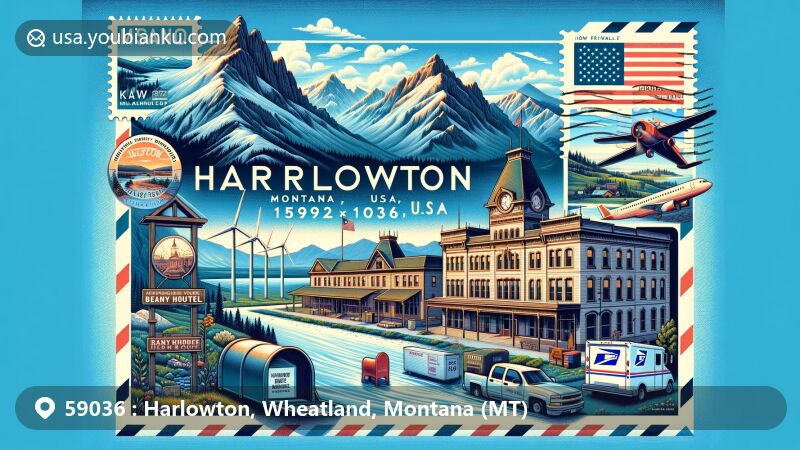 Modern illustration of Harlowton, Montana, USA, featuring airmail envelope with ZIP code 59036, showcasing iconic landmarks like Graves Hotel, Milwaukee Depot Museum, and mountain ranges.