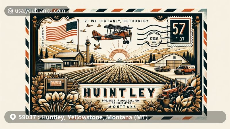 Modern illustration of Huntley, Montana, showcasing postal theme with ZIP code 59037, featuring Huntley Project Museum of Irrigated Agriculture, Montana landscape, and state flag.